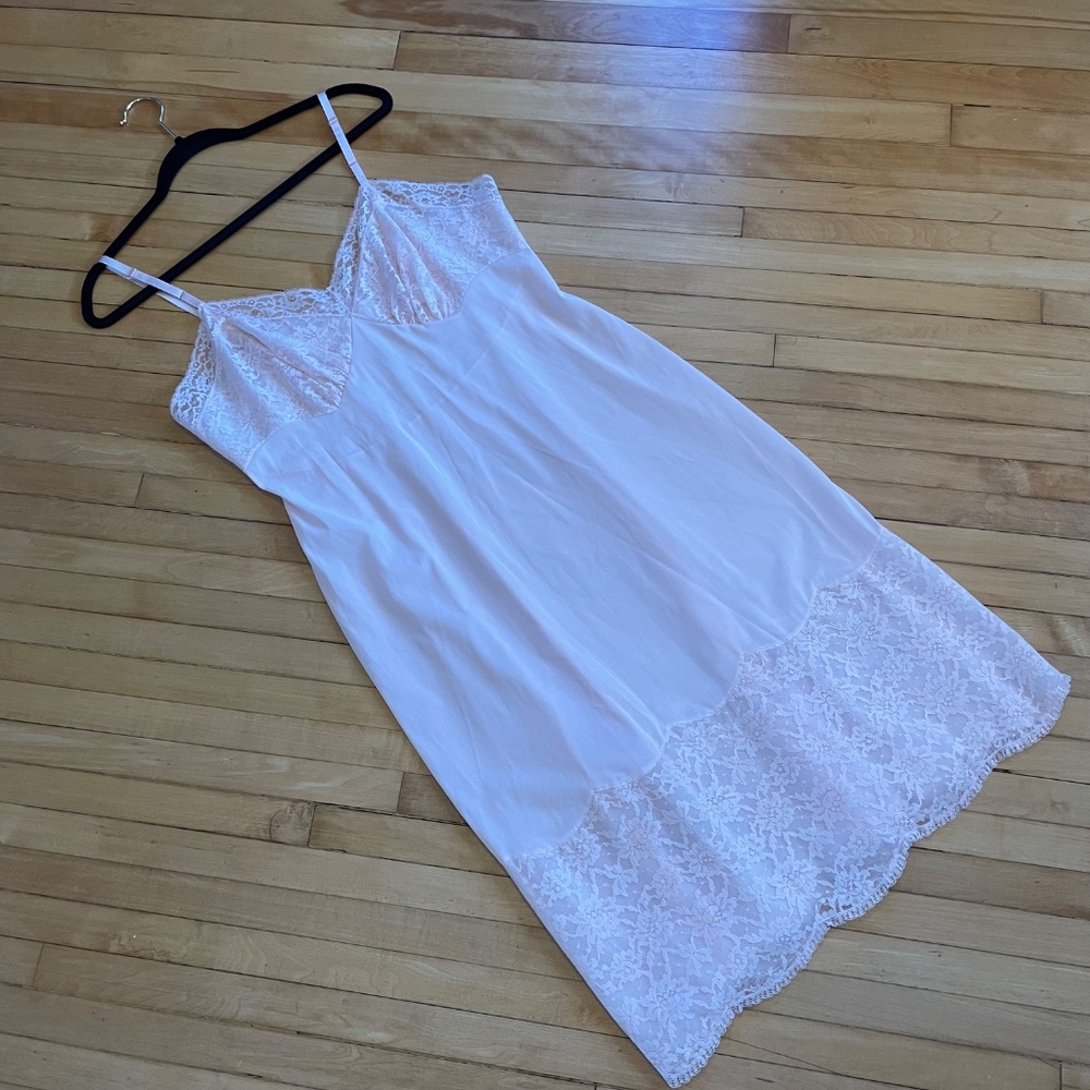 VANITY FAIR Vintage Slip Dress Lingerie Lace Midi Bridal Coquette Blush Pink